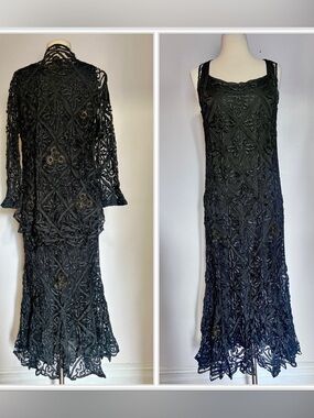 Soulmates Black Hand Crochet Silk Ribbon Work Maxi Dress & Matching Bolero Lg